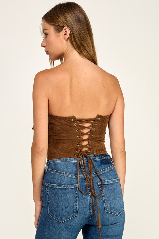 T5827S Suede Ruffle Corset Tube Top W/ Back Lace-up