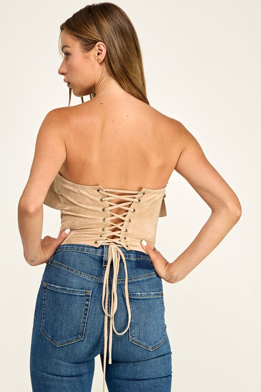 T5827S Suede Ruffle Corset Tube Top W/ Back Lace-up