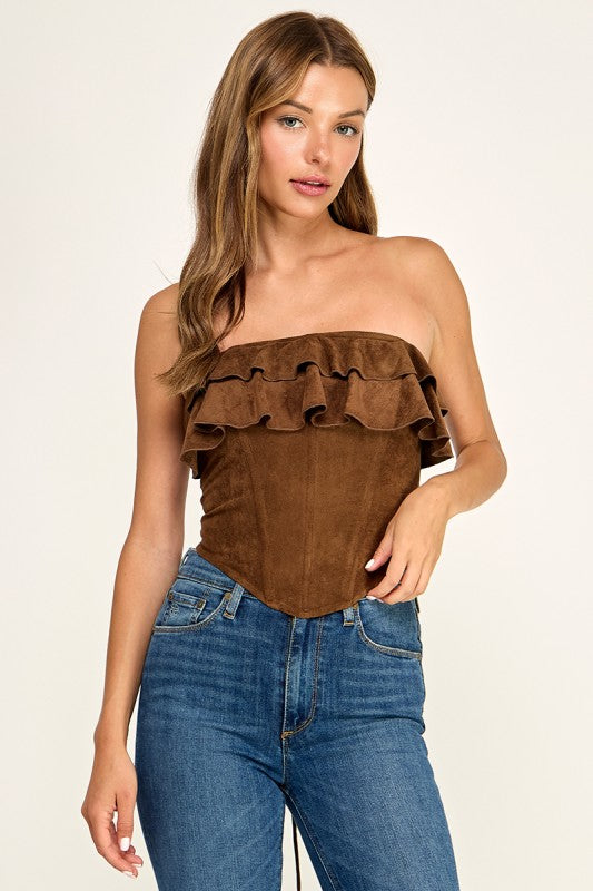 T5827S Suede Ruffle Corset Tube Top W/ Back Lace-up