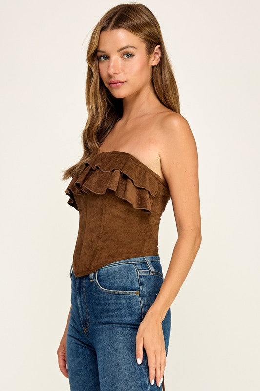 T5827S Suede Ruffle Corset Tube Top W/ Back Lace-up