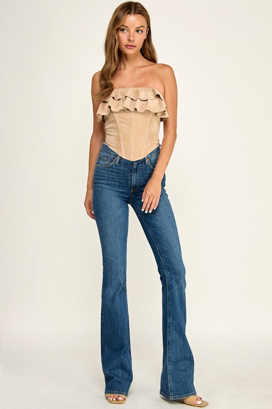 T5827S Suede Ruffle Corset Tube Top W/ Back Lace-up