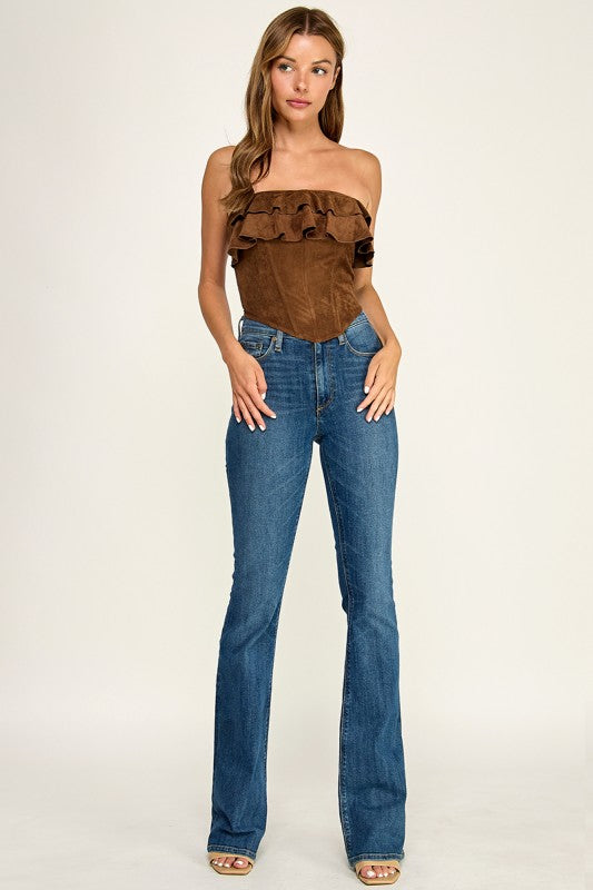 T5827S Suede Ruffle Corset Tube Top W/ Back Lace-up