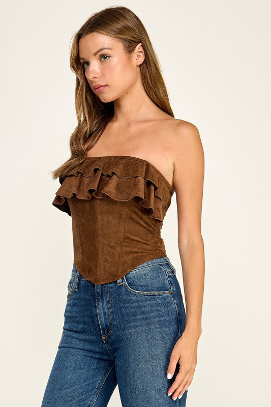 T5827S Suede Ruffle Corset Tube Top W/ Back Lace-up