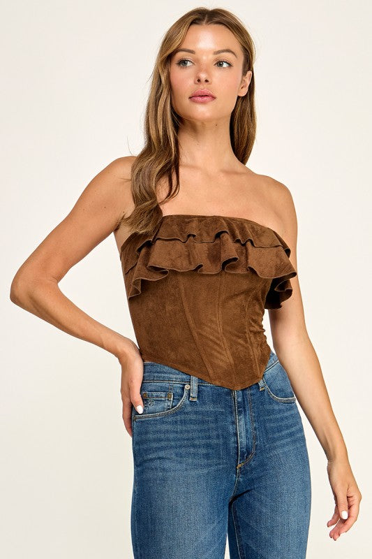 T5827S Suede Ruffle Corset Tube Top W/ Back Lace-up