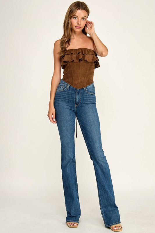 T5827S Suede Ruffle Corset Tube Top W/ Back Lace-up