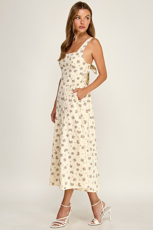 D5763-1 Floral Square Neck Sleeveless Midi Dress W/ Tie Back