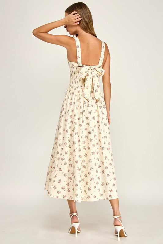 D5763-1 Floral Square Neck Sleeveless Midi Dress W/ Tie Back