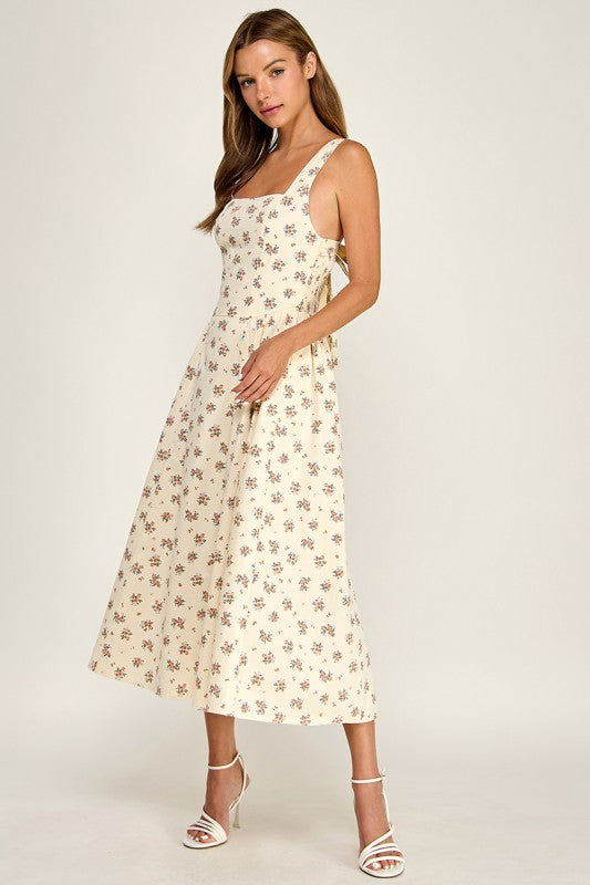 D5763-1 Floral Square Neck Sleeveless Midi Dress W/ Tie Back