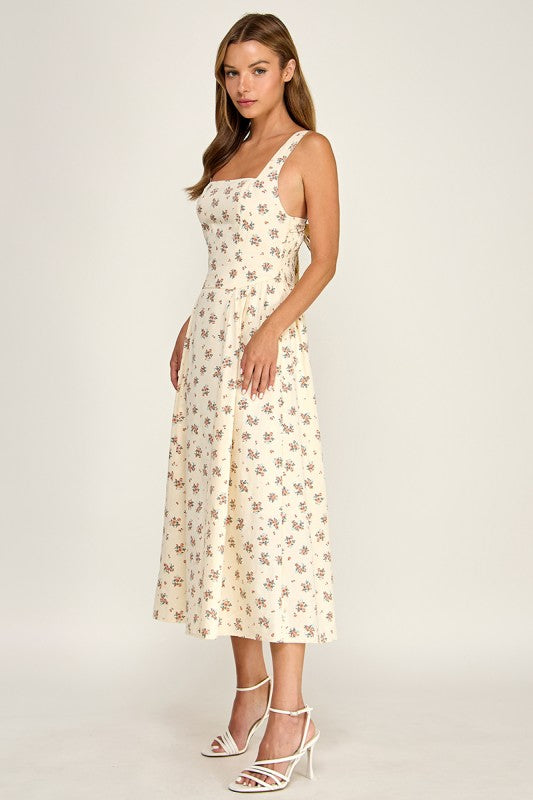 D5763-1 Floral Square Neck Sleeveless Midi Dress W/ Tie Back