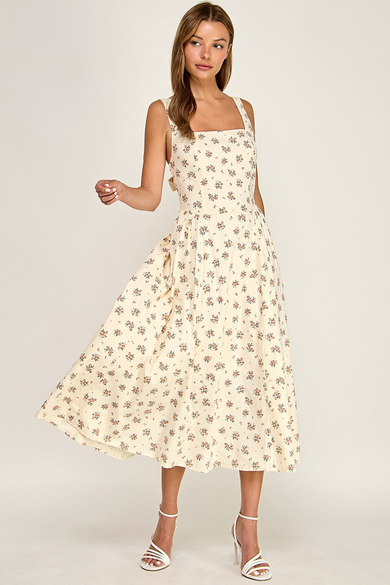D5763-1 Floral Square Neck Sleeveless Midi Dress W/ Tie Back