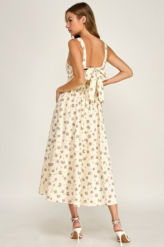 D5763-1 Floral Square Neck Sleeveless Midi Dress W/ Tie Back