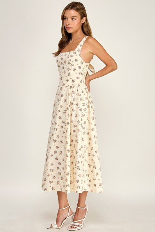 D5763-1 Floral Square Neck Sleeveless Midi Dress W/ Tie Back