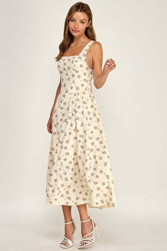 D5763-1 Floral Square Neck Sleeveless Midi Dress W/ Tie Back