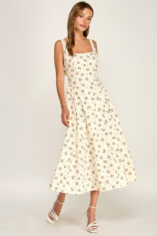 D5763-1 Floral Square Neck Sleeveless Midi Dress W/ Tie Back