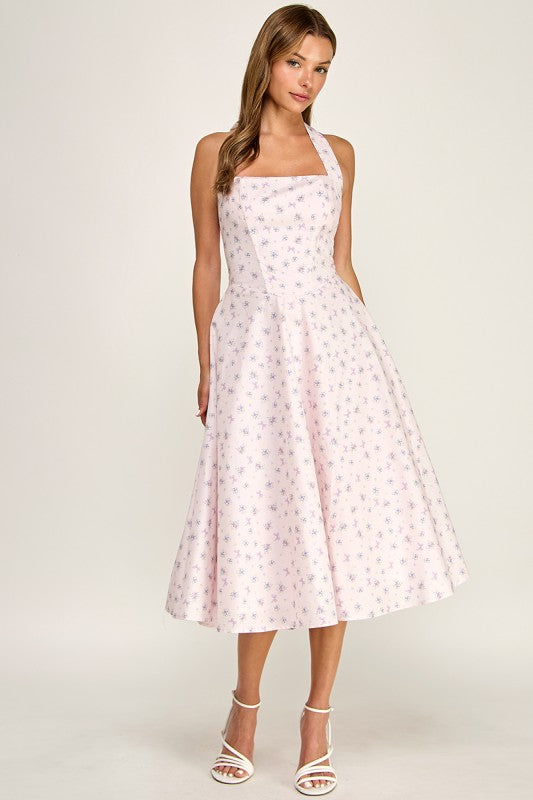 D5789-1 Floral Print Halter Neck Midi Dress