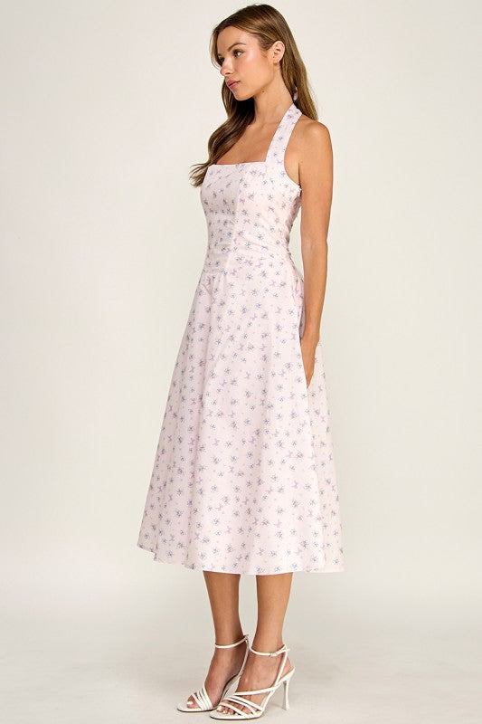 D5789-1 Floral Print Halter Neck Midi Dress