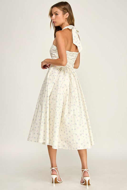 D5789-1 Floral Print Halter Neck Midi Dress