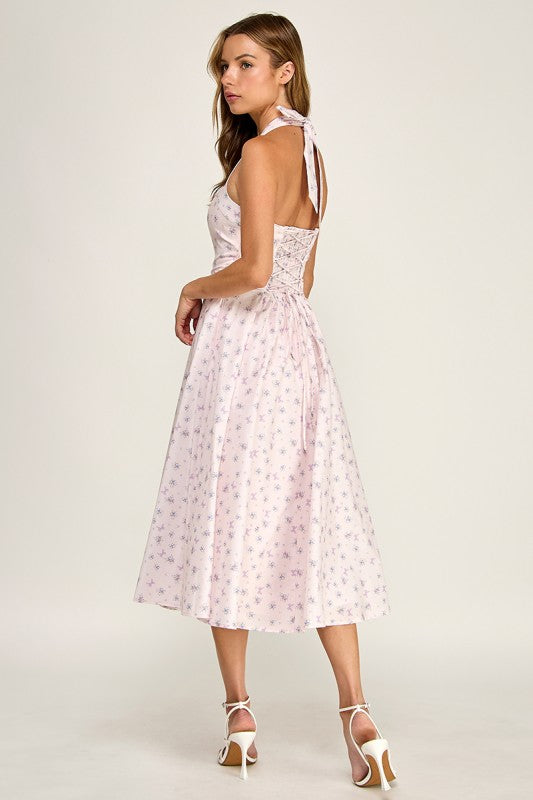 D5789-1 Floral Print Halter Neck Midi Dress