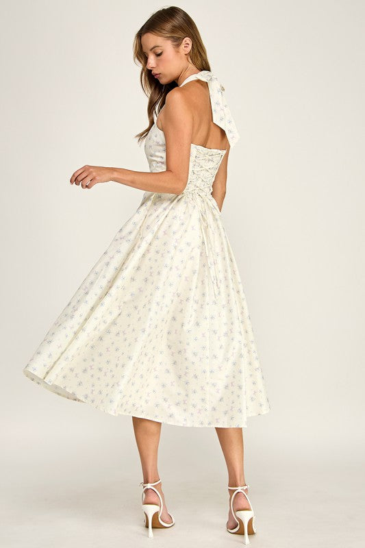 D5789-1 Floral Print Halter Neck Midi Dress