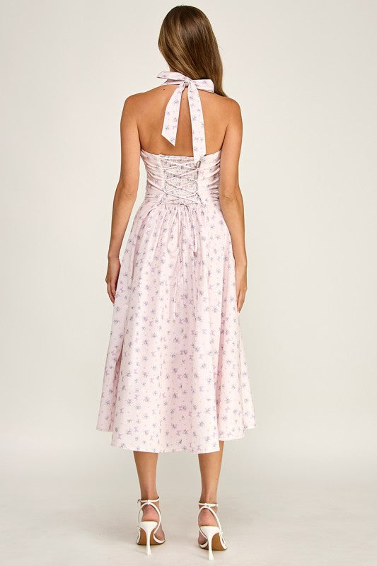 D5789-1 Floral Print Halter Neck Midi Dress