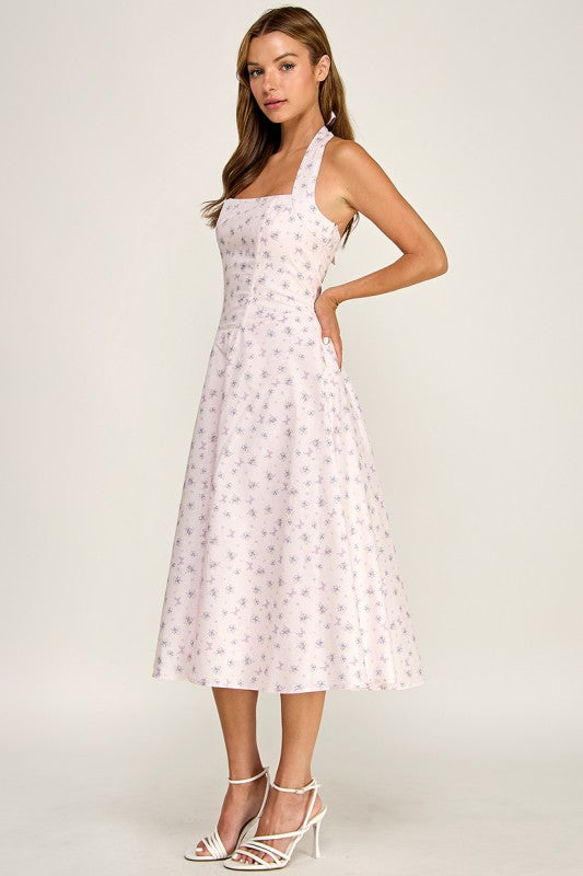 D5789-1 Floral Print Halter Neck Midi Dress