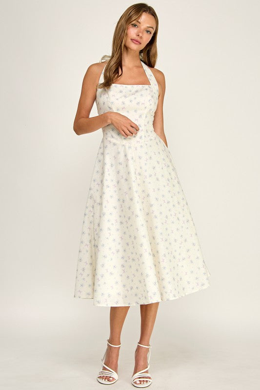D5789-1 Floral Print Halter Neck Midi Dress