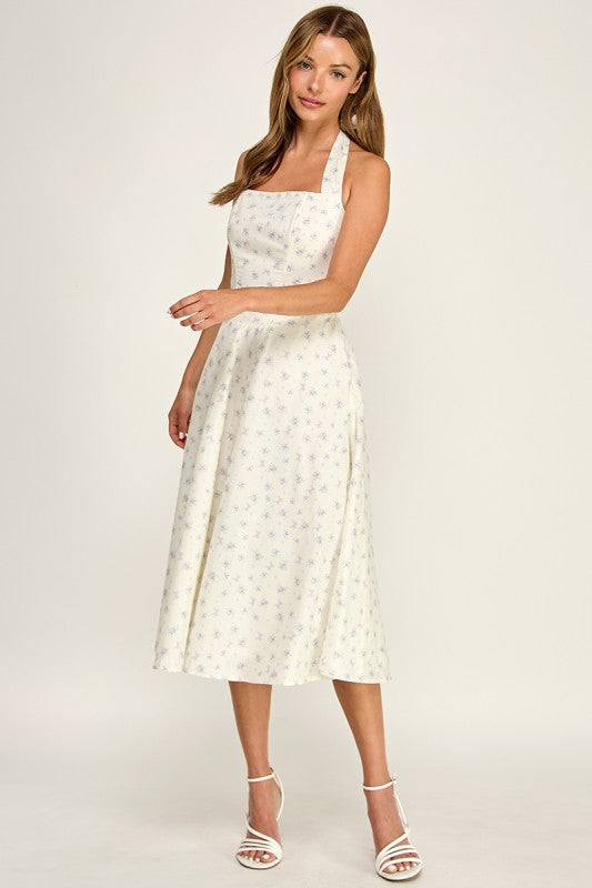 D5789-1 Floral Print Halter Neck Midi Dress