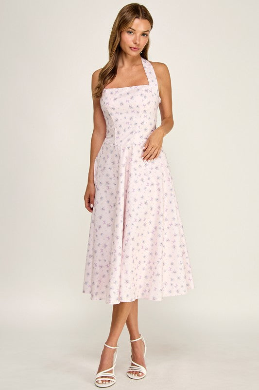 D5789-1 Floral Print Halter Neck Midi Dress