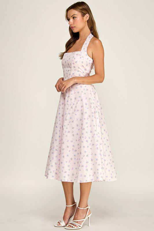 D5789-1 Floral Print Halter Neck Midi Dress