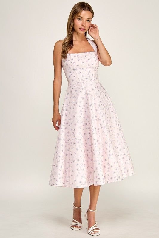 D5789-1 Floral Print Halter Neck Midi Dress