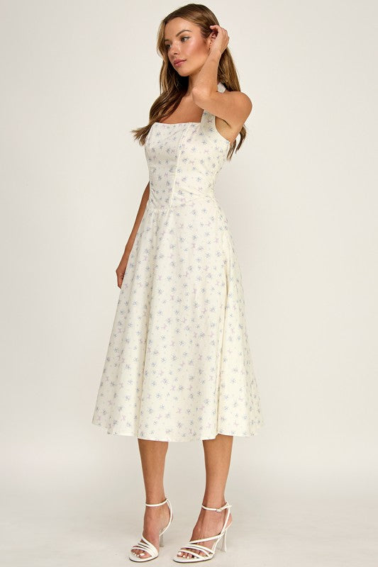 D5789-1 Floral Print Halter Neck Midi Dress