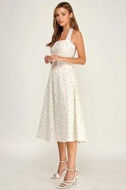 D5789-1 Floral Print Halter Neck Midi Dress