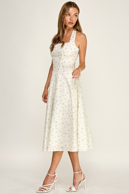 D5789-1 Floral Print Halter Neck Midi Dress