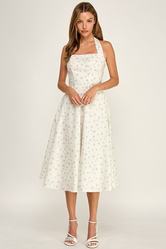 D5789-1 Floral Print Halter Neck Midi Dress
