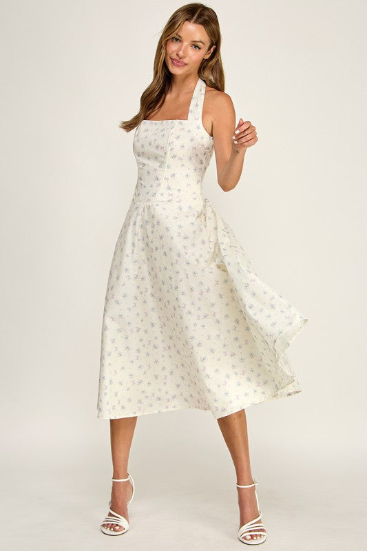D5789-1 Floral Print Halter Neck Midi Dress
