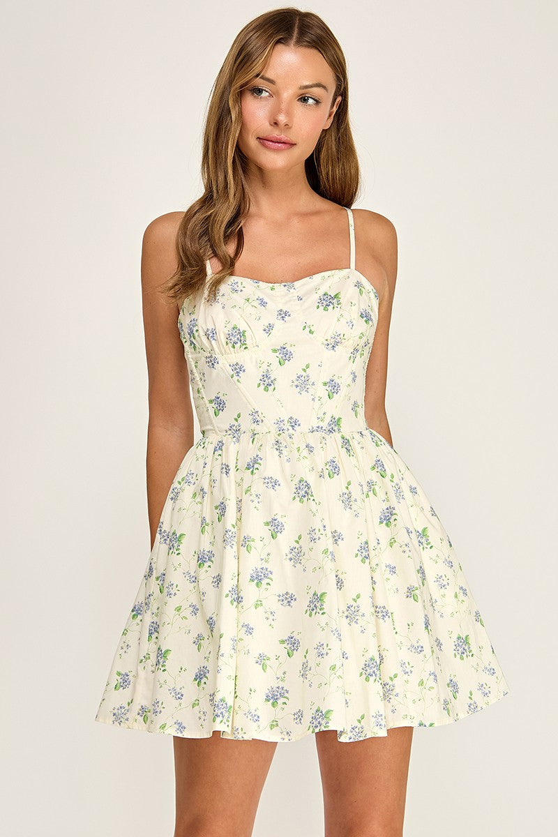 D5837 Floral Spaghetti Strap Sweetheart Neck Fit &Flare Dress