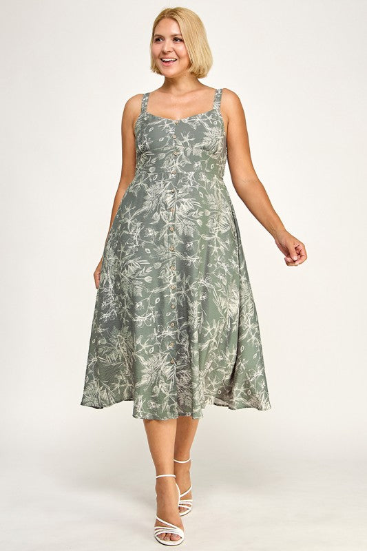 D5696X-1 Plus-Size Floral Button Down Detail Midi Dress