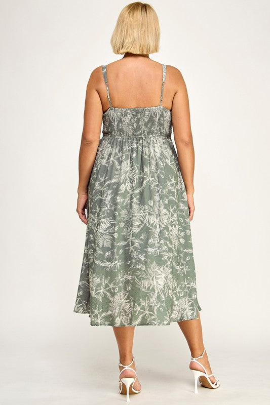 D5696X-1 Plus-Size Floral Button Down Detail Midi Dress