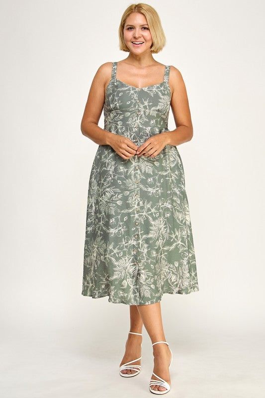 D5696X-1 Plus-Size Floral Button Down Detail Midi Dress