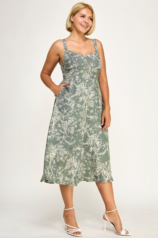 D5696X-1 Plus-Size Floral Button Down Detail Midi Dress