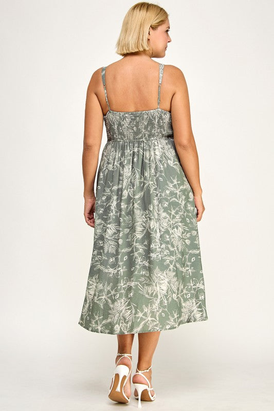 D5696X-1 Plus-Size Floral Button Down Detail Midi Dress
