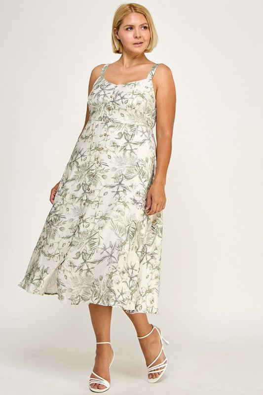 D5696X-1 Plus-Size Floral Button Down Detail Midi Dress