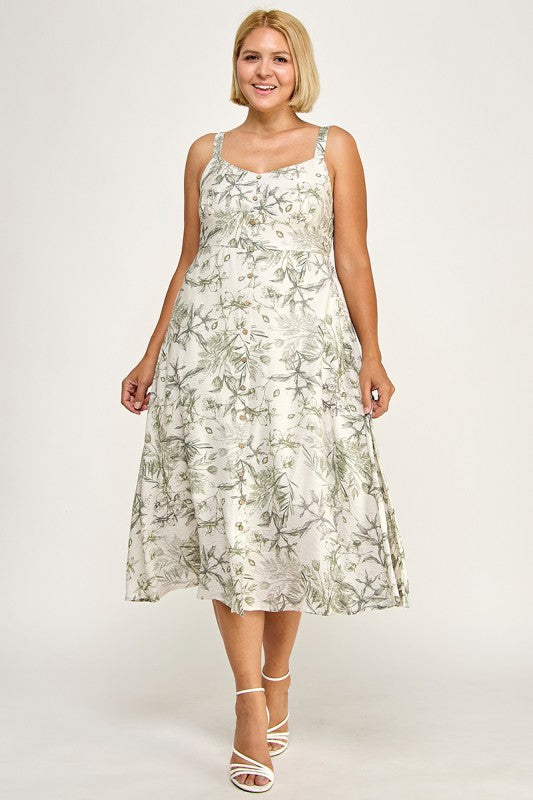 D5696X-1 Plus-Size Floral Button Down Detail Midi Dress