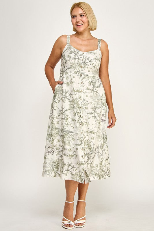 D5696X-1 Plus-Size Floral Button Down Detail Midi Dress