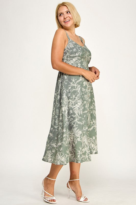 D5696X-1 Plus-Size Floral Button Down Detail Midi Dress