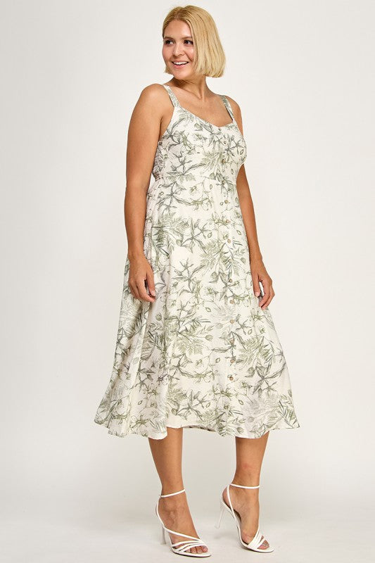D5696X-1 Plus-Size Floral Button Down Detail Midi Dress