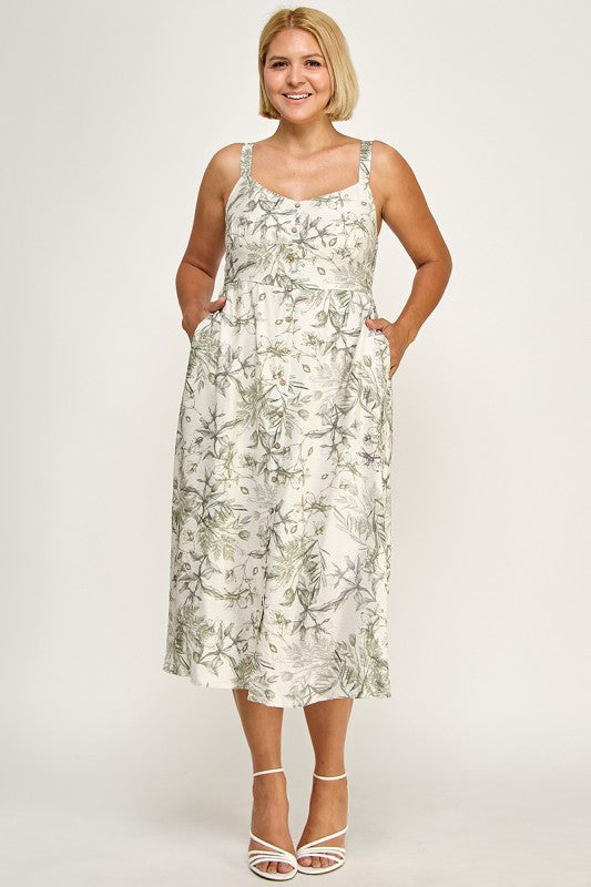 D5696X-1 Plus-Size Floral Button Down Detail Midi Dress