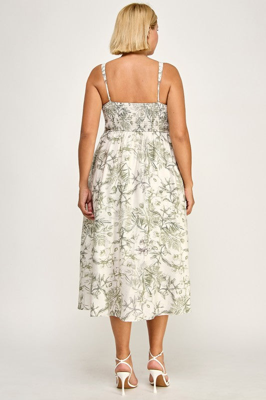 D5696X-1 Plus-Size Floral Button Down Detail Midi Dress