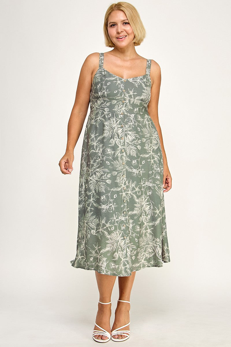 D5696X-1 Plus-Size Floral Button Down Detail Midi Dress
