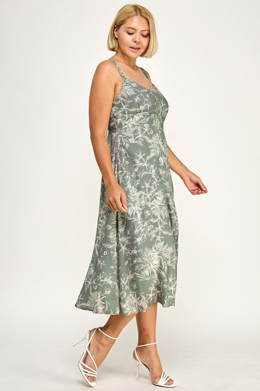 D5696X-1 Plus-Size Floral Button Down Detail Midi Dress